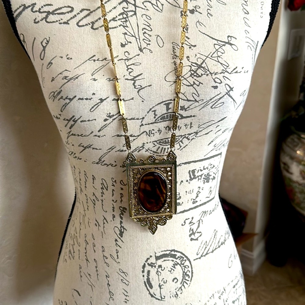 Gorgeous statement piece 40” framed large oval tortoise colored pendant - Picture 3 of 16